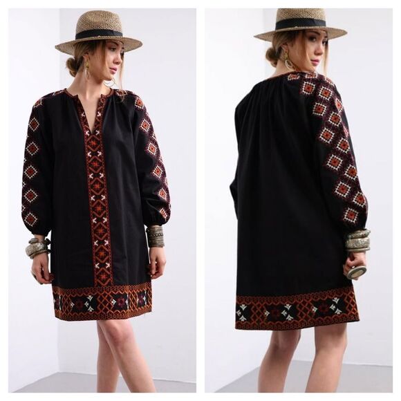 Zara Black Embroidered Balloon Sleeve Linen Dress - Picture 1 of 8